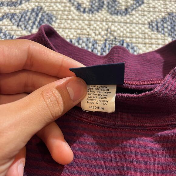 VTG 90's Striped Single Stitch Longsleeve USA Shirt Burgundy and Blue Stripes M - Picture 3 of 6